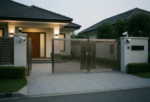 Exterior view of a modern residential property featuring a secure gate, security camera, and illuminated facade at dusk