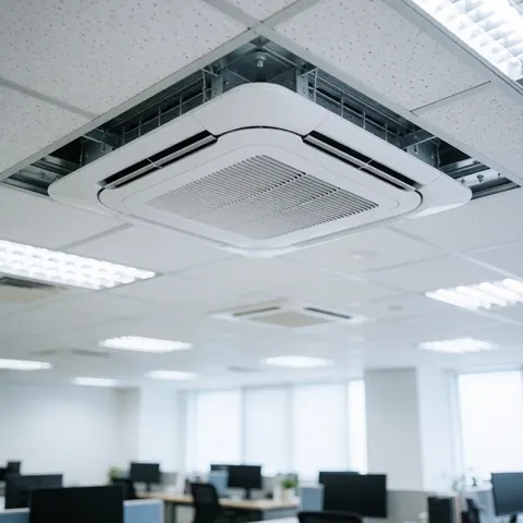 White cassette air conditioning unit mounted on an office ceiling with visible ventilation grilles and fluorescent lighting fixtures