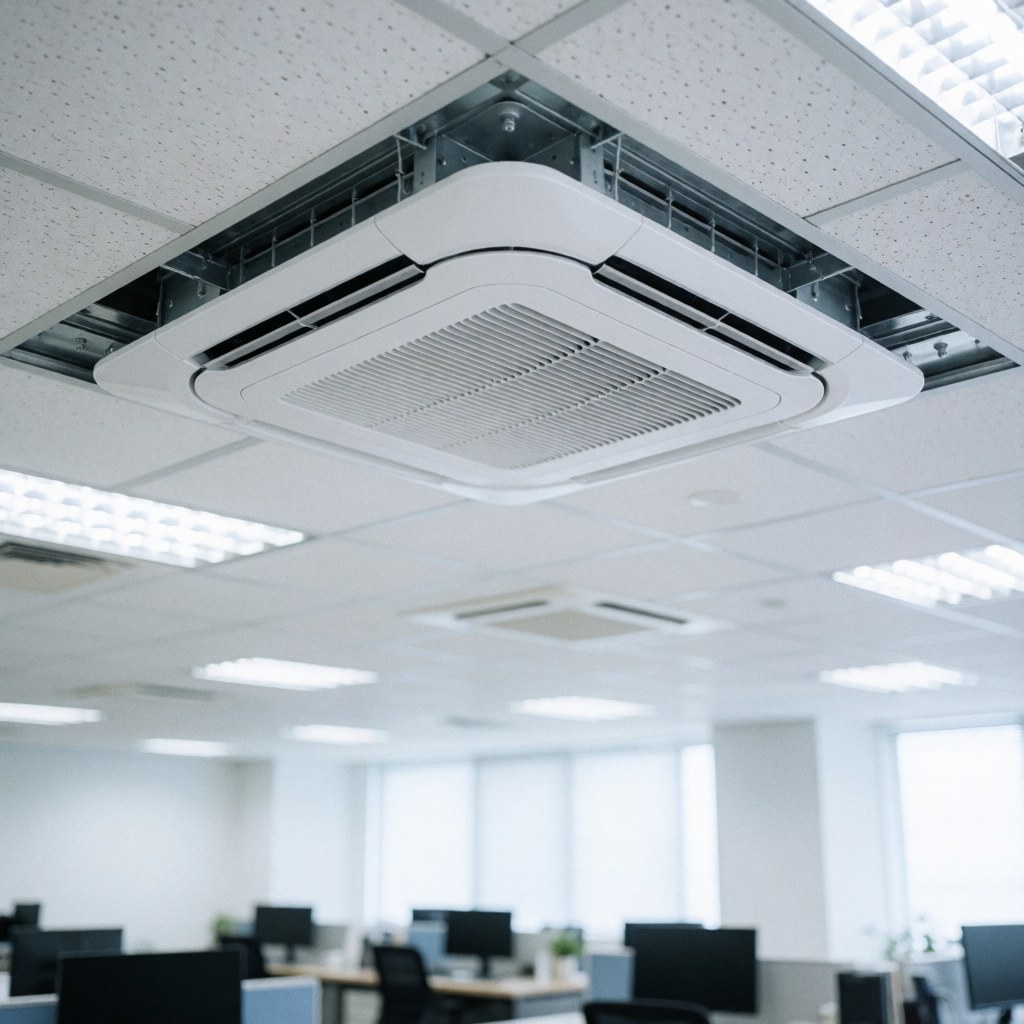 White cassette air conditioning unit mounted on an office ceiling with visible ventilation grilles and fluorescent lighting fixtures