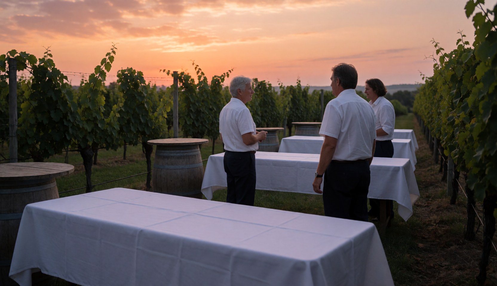 Wedding scene in a vineyard at sunset featuring white tablecloths, barrel side tables, and guests conversing against an orange and purple sky.