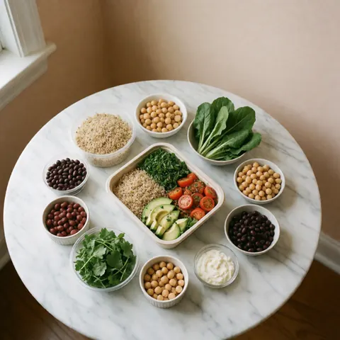 Healthy meal bowl featuring quinoa spinach avocado and tomato surrounded by fresh ingredients in small containers on a white marble table