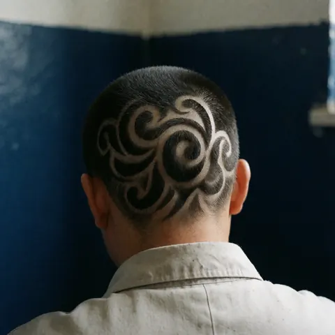 Close-up of a man's short dark hair featuring an intricate tribal shaved design on the back of the neck against a blue wall with soft lighting.