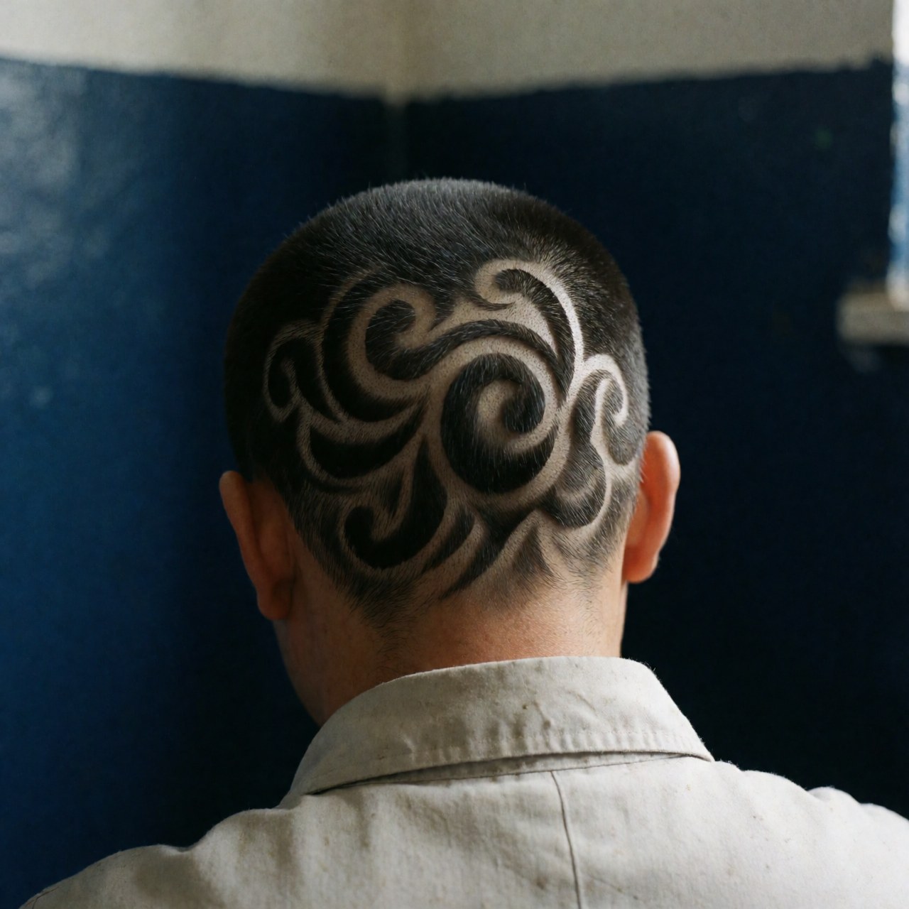 Close-up of a man's short dark hair featuring an intricate tribal shaved design on the back of the neck against a blue wall with soft lighting.