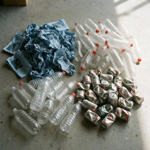 Sorted paper, plastic bottles, and metal cans arranged on a concrete floor in natural light, illustrating a community recycling workshop setting.