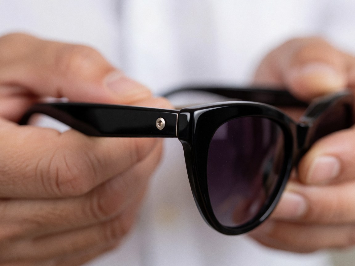 Detailed view of the metal hinge on black acrylic cat eye sunglasses held in hands with a blurred background