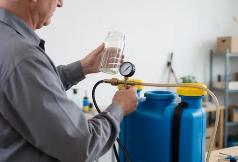 Technician adjusting a pressure gauge on a blue agricultural sprayer in a workshop with tools and shelves in the background