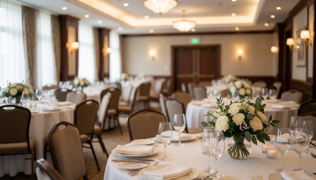 Empty wedding event hall featuring tables with white linens, wine glasses, floral centerpieces, warm lighting, and a soft background suitable for text overlay.