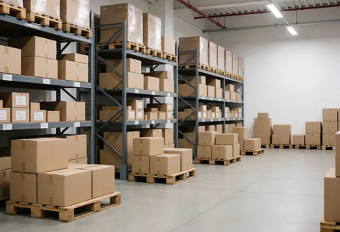 Clean industrial storage room with metal shelving units and cardboard boxes on pallets, ready for donations, featuring bright lighting and concrete floors.