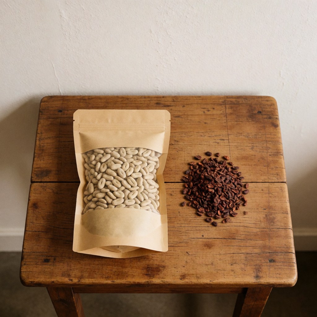 Fresh green cacao beans arranged on a rustic wooden surface, showcasing natural texture and earthy tones for coffee and cacao farm product display