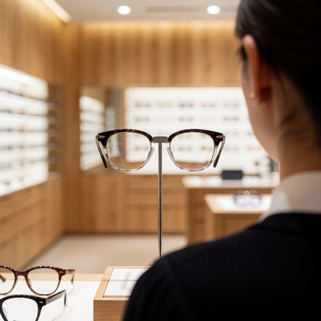 A collection of eyeglasses and sunglasses arranged neatly on a wooden display counter inside an optical store with warm lighting