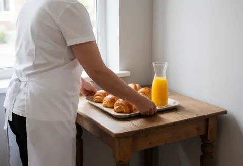Hotel staff serving cake and juice on a wooden table with natural light and a warm professional atmosphere