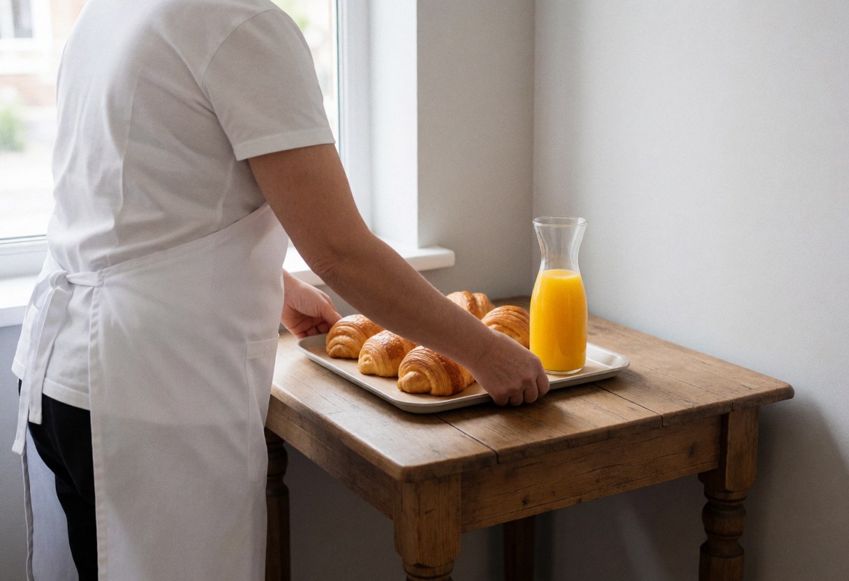 Hotel staff serving cake and juice on a wooden table with natural light and a warm professional atmosphere