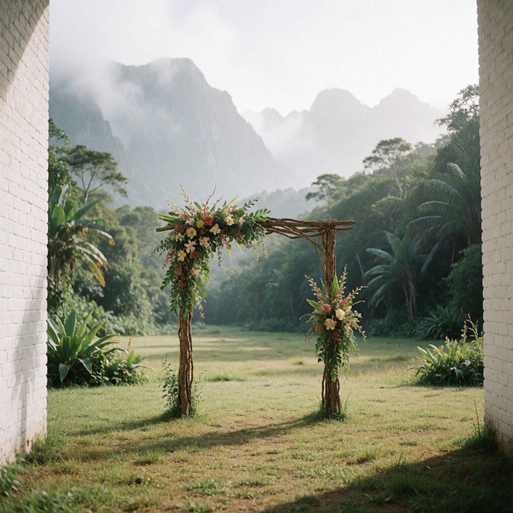 Wooden floral arch set in a mountain clearing with snow-capped peaks in the background, perfect for outdoor weddings and events.