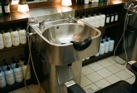 Clean tiled barber shop sink with stainless steel faucet, shampoo bottles, and chair under warm lighting
