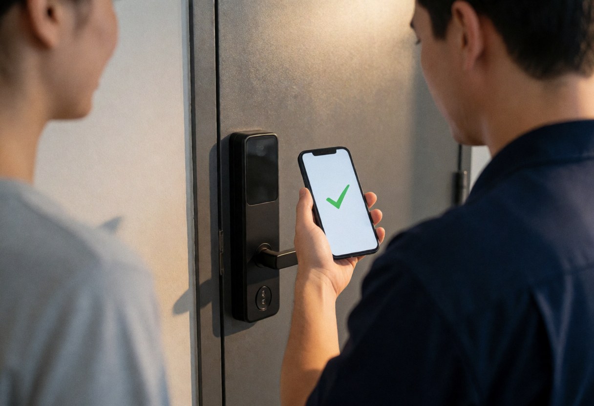 Security professional installing a smart lock on a modern door while showing a green checkmark on a smartphone screen in a warmly lit interior.