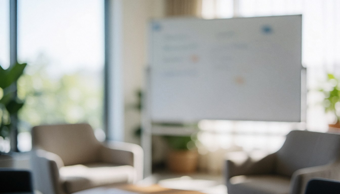 A modern office space featuring chairs, a whiteboard, and natural light, with a blurred background suitable for text overlay in marketing materials.