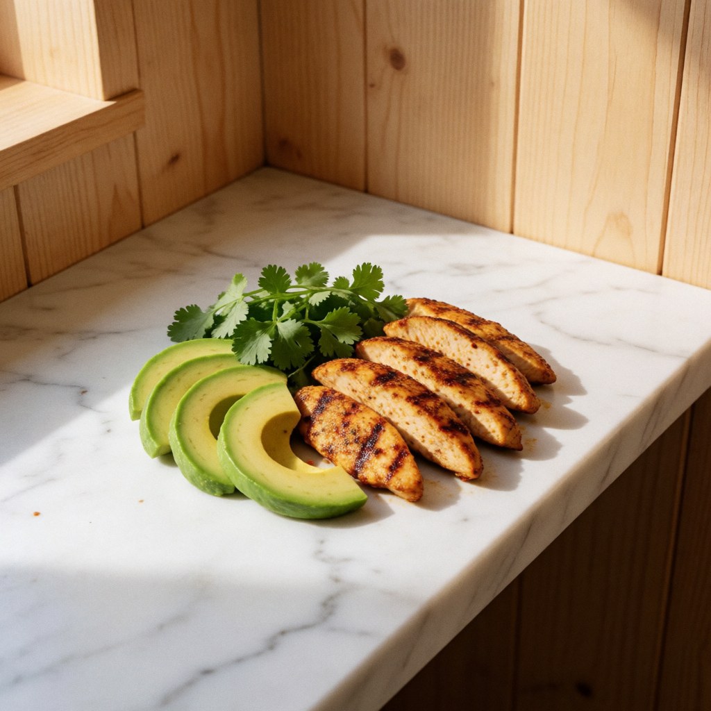 Keto meal featuring grilled chicken, sliced avocado, and cilantro on a marble countertop with wooden walls and natural light