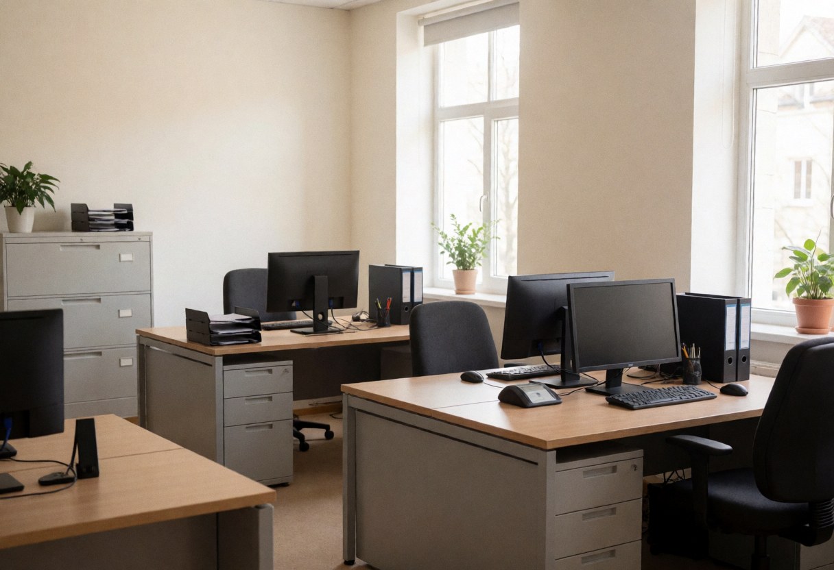 A clean and organized administrative office featuring a desk, computer, filing cabinet, chair, window, and plant, illuminated by natural light