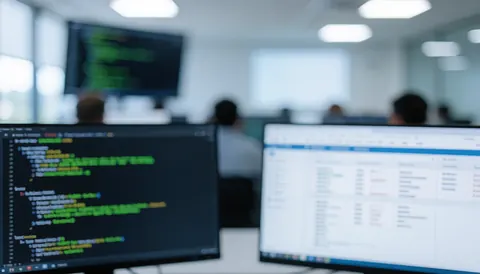 Professional software office background featuring computer monitors displaying code and interfaces, suitable for business text overlays with a neutral tech atmosphere