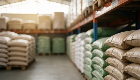 Stacked seed sacks in an agricultural warehouse with natural light and depth of field, ideal for text overlay in farming and agroindustry contexts.