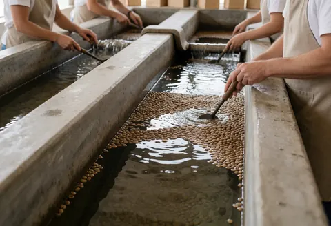 Workers using tools to move coffee beans in clear water during the washing process in concrete channels at a coffee and cacao farm