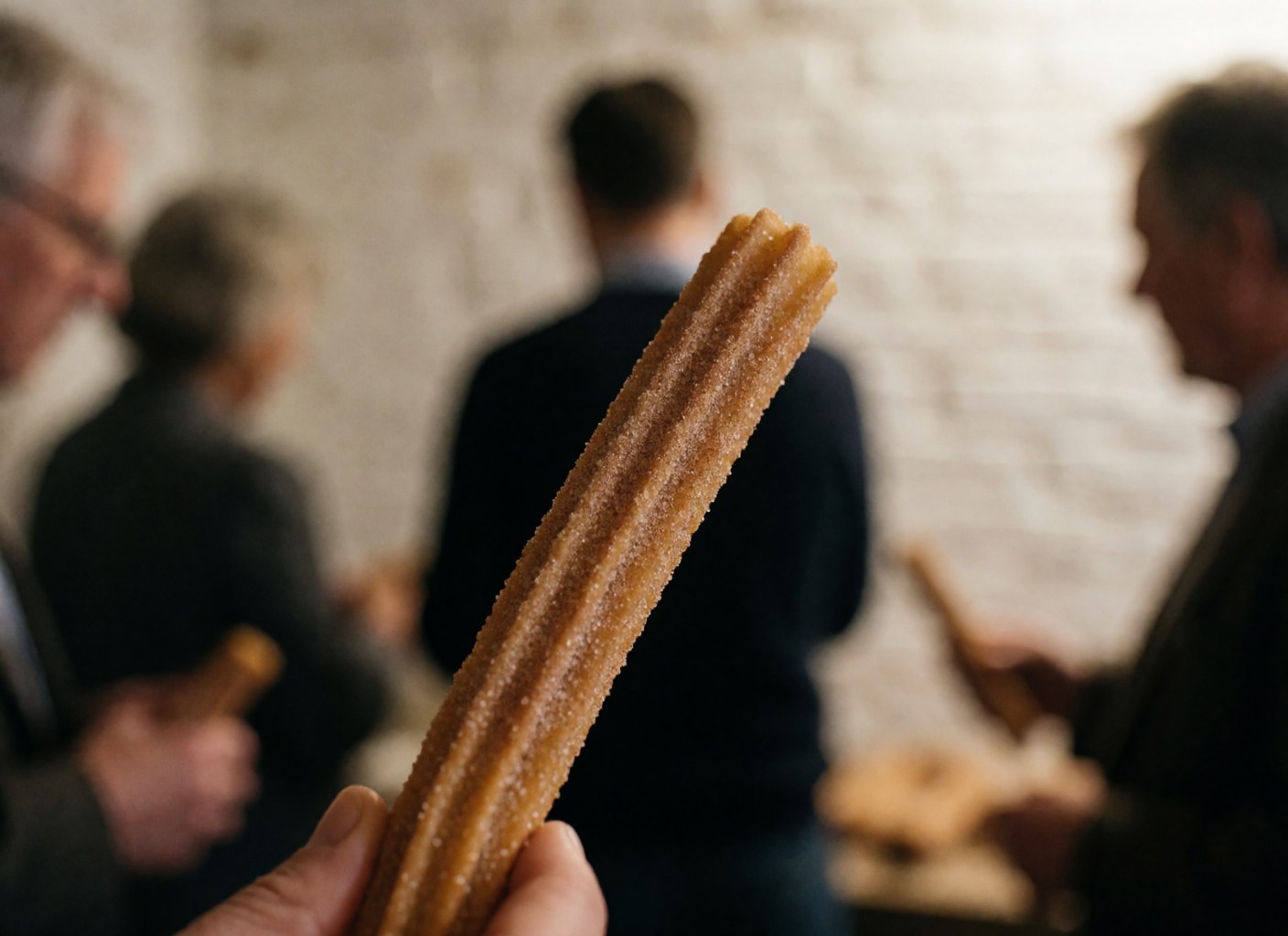 Close-up of a sugar-coated churro with a blurred background featuring people and a white brick wall, ideal for events and weddings.