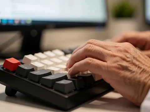 Detailed view of a mechanical keyboard on a desk, highlighting keys and texture for medical software development projects