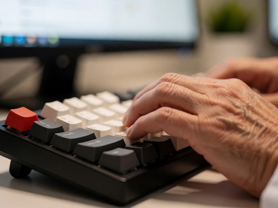 Detailed view of a mechanical keyboard on a desk, highlighting keys and texture for medical software development projects