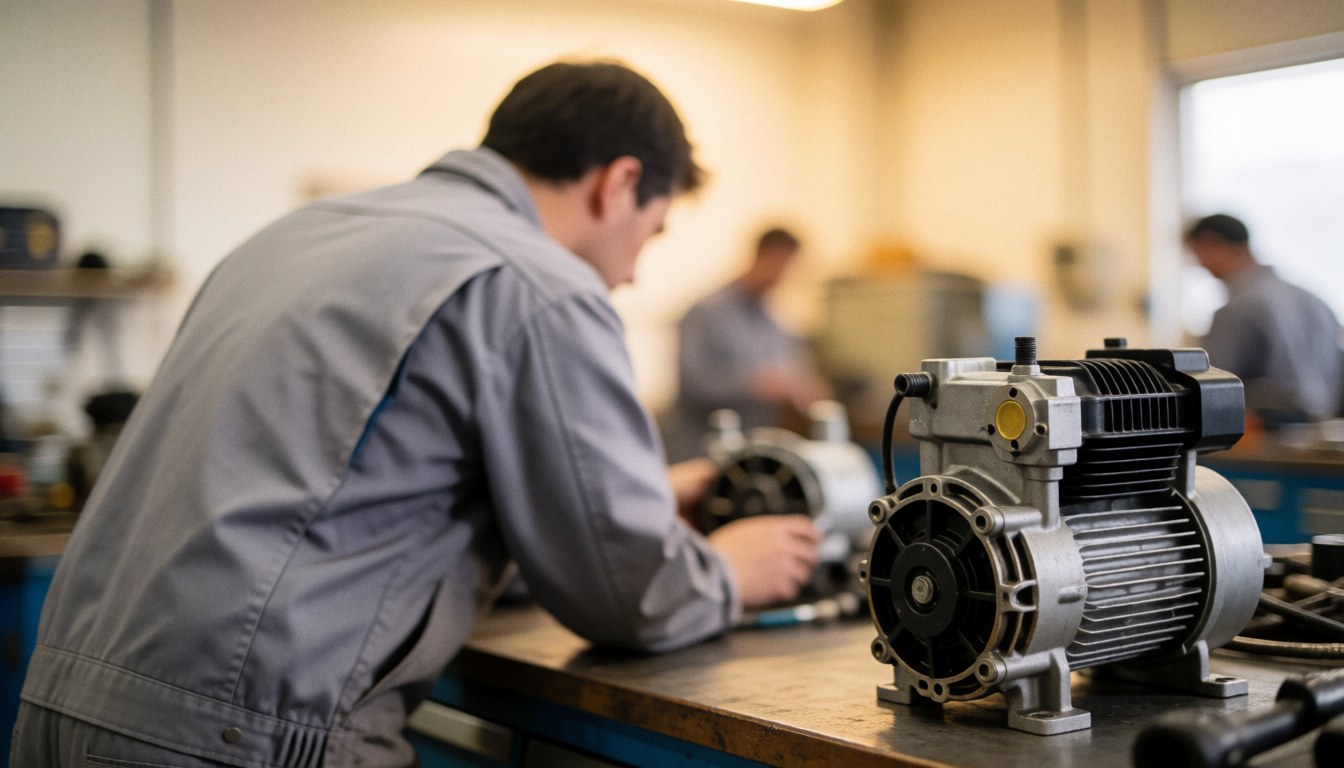 Technician in gray uniform checking an air conditioning compressor in an industrial workshop with a blurred background and warm lighting.