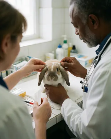 A veterinarian carefully examines a lop-eared rabbit during a routine health checkup at a veterinary clinic