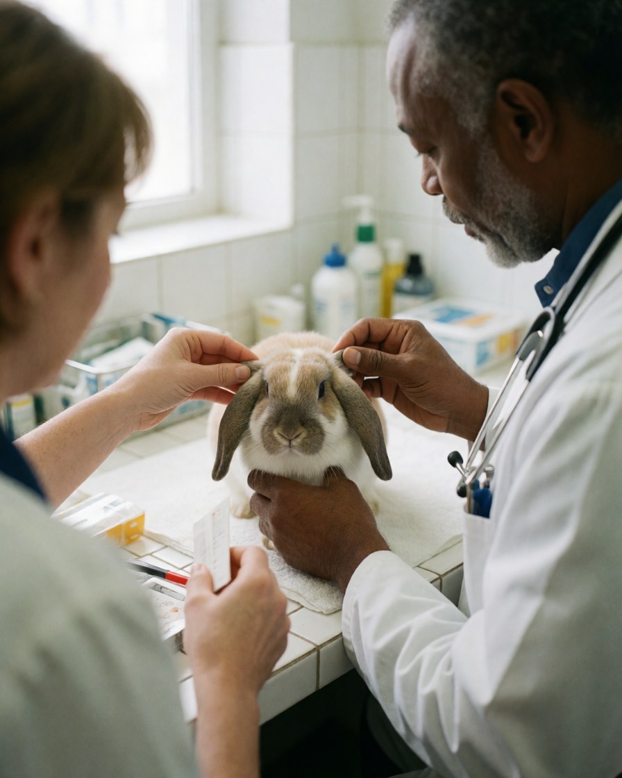 A veterinarian carefully examines a lop-eared rabbit during a routine health checkup at a veterinary clinic