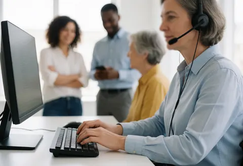 Customer service agent wearing headset and working on computer in modern office with colleagues in background