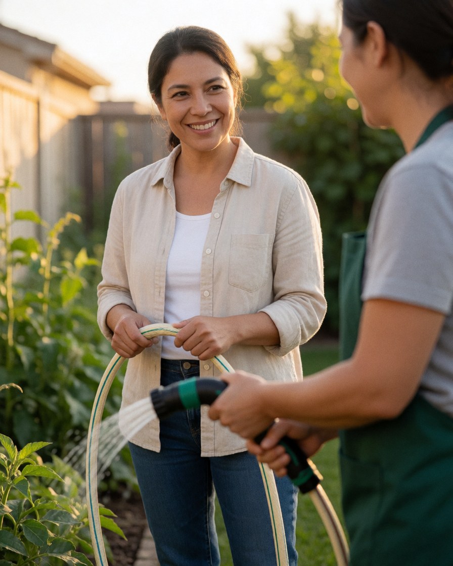 A gardener hands a garden hose to a smiling customer in a yard while water flows from the end.