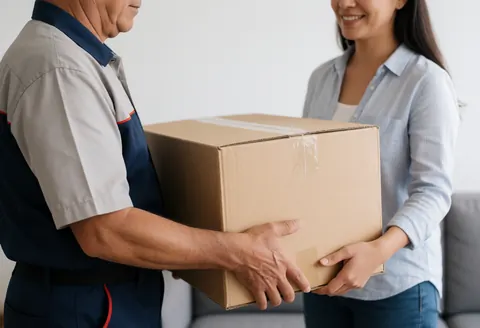 A delivery person and a customer handling a large cardboard box containing a sofa during a home delivery service.