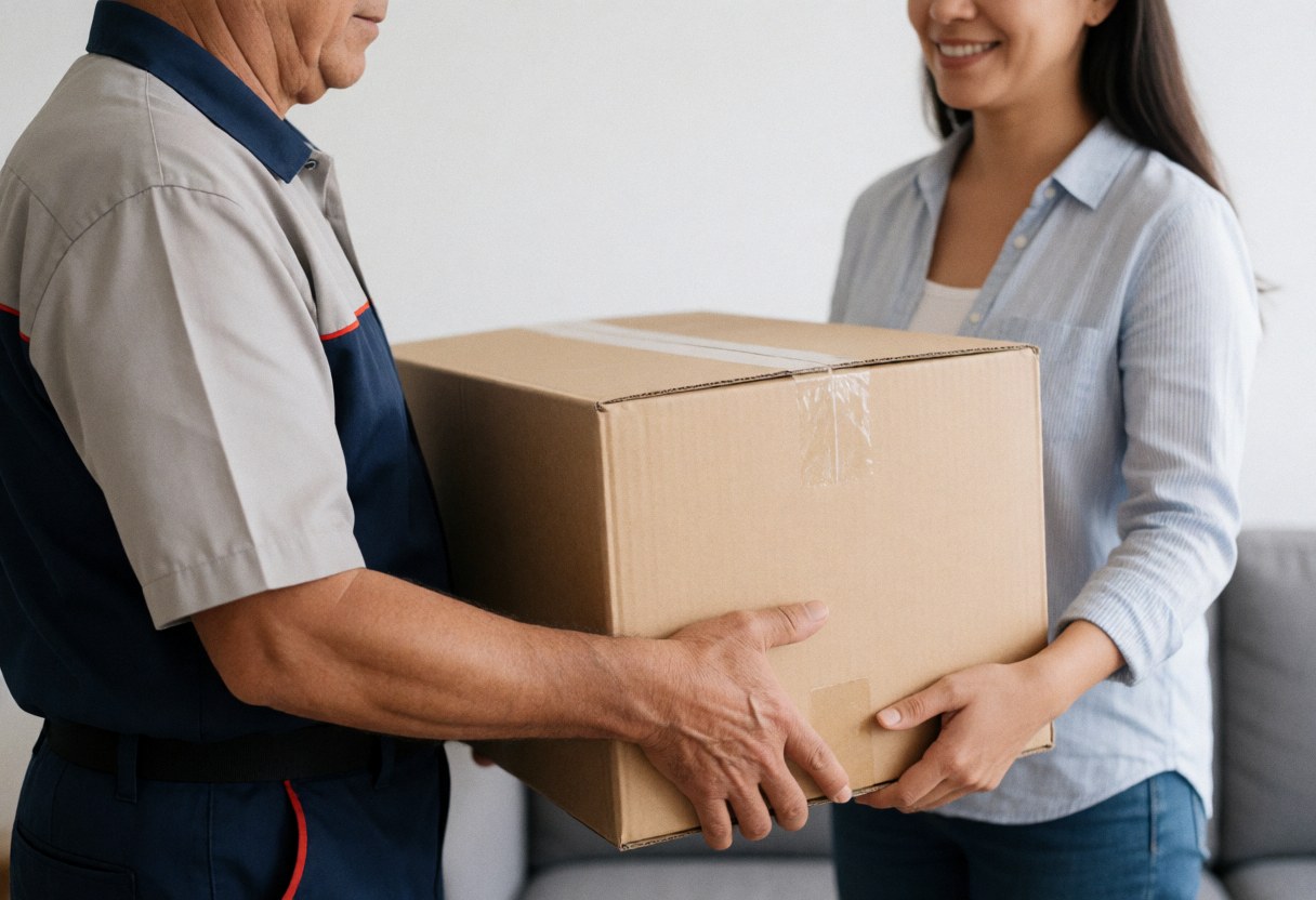 A delivery person and a customer handling a large cardboard box containing a sofa during a home delivery service.