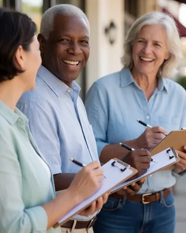 Three smiling older adults collaborate outdoors with clipboards and pens, dressed casually under bright sunlight with a blurred background.
