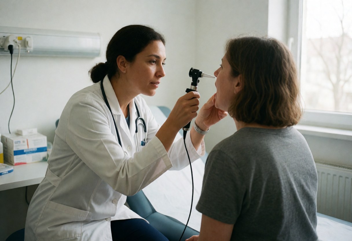 Female doctor in white coat uses otoscope to examine patient throat during clinic visit with natural light