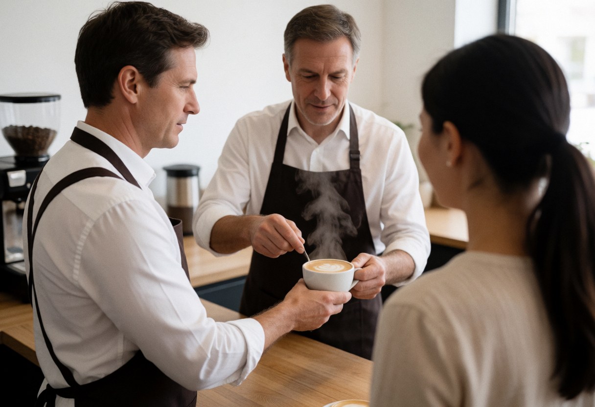 A barista pours a frothy latte into a white cup held by a customer in a modern coffee shop with visible steam rising.