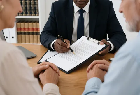 A lawyer sits at a wooden desk explaining a legal document to two clients, with law books visible in the background.
