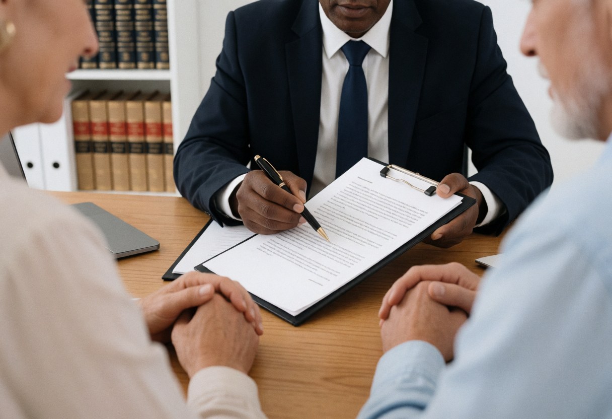 A lawyer sits at a wooden desk explaining a legal document to two clients, with law books visible in the background.