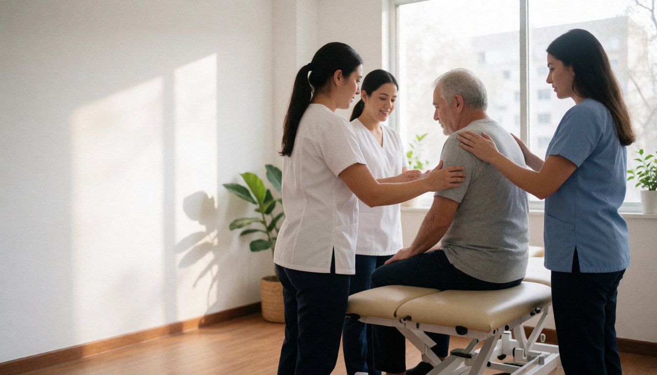 Three physiotherapists help an older patient on a treatment bed in a modern clinic with natural light and plants, showing care and professionalism.
