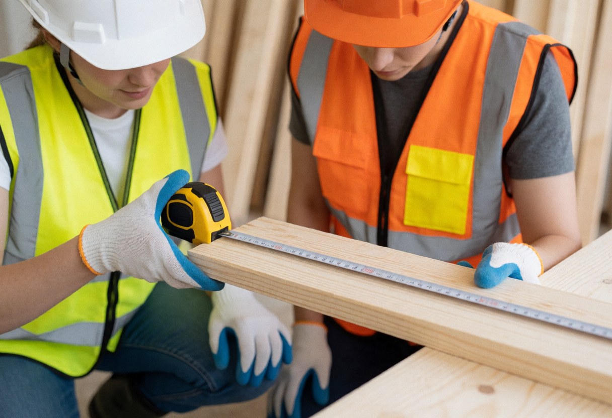 A construction worker wearing safety gear measures a piece of lumber with a tape measure to ensure precision on the job site