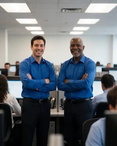 Two smiling customer service agents working at computers and phones in a modern office environment