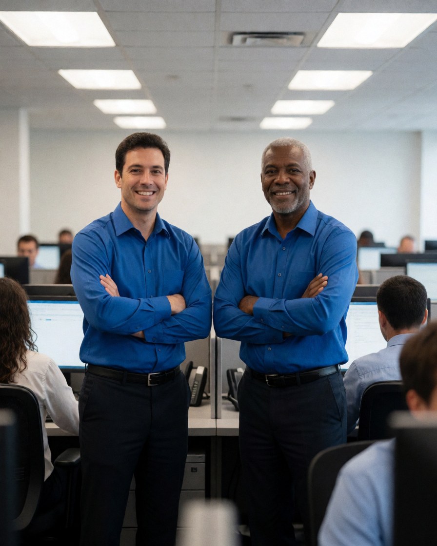 Two smiling customer service agents working at computers and phones in a modern office environment