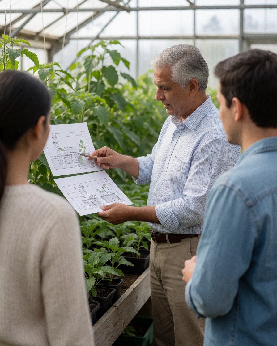 An older gardener explains irrigation blueprints to two young colleagues in a bright greenhouse filled with green plants and natural light.