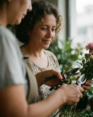 A florist carefully cuts a rose with scissors in a bright shop, highlighting dedicated floral work.