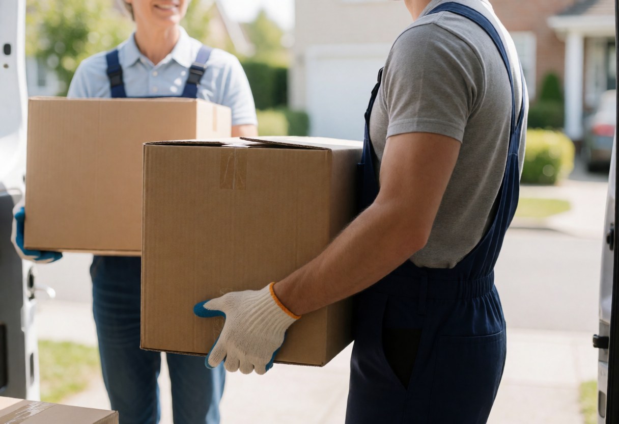 Two professional movers carry cardboard boxes from a van to a house on a sunny residential street.