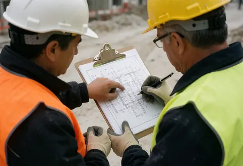 Security officers inspecting architectural plans on a construction site while wearing safety gear