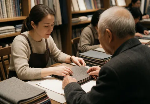 A saleswoman displays fabric swatches to an older client seated at a table in a furniture store, surrounded by stacked textile samples.