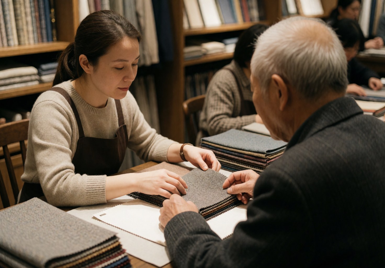 A saleswoman displays fabric swatches to an older client seated at a table in a furniture store, surrounded by stacked textile samples.